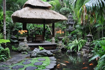 Balinese Garden - a garden with tropical plants, gazebo, stone statues, and a fish pond, evoking the tranquil beauty of Bali. Tranquil garden pavilion with thatched roof beside a koi pond