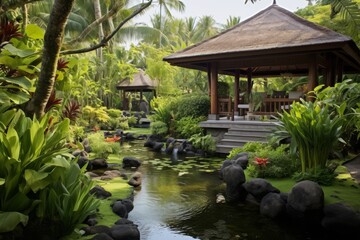 Balinese Garden. Tranquil tropical garden with a wooden gazebo and pond surrounded by lush greenery.