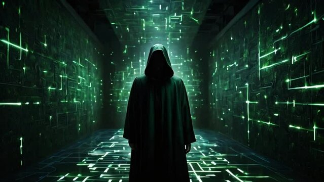 Silhouette of a person in a green coded square tunnel, man in black in a matrix room, inside the brain of Artificial Intelligence, a hacker in a maze stealing computer data generative AI