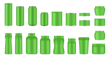 Set of green tin cans and jars. Coffee or tea canister. Tin can for preserves or pet food. Beer, cocktail or soda can. Chips tube. Cookie jar. Round box for sugar or flour