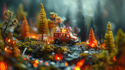 Miniature firefighters in a burning forest. Toy fireman and car. Natural crisis.