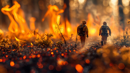 Miniature firefighters in burning forest. Fireman toy. Natural crisis.
