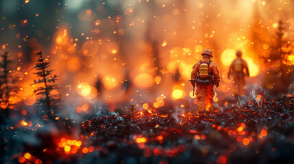 Miniature firefighters in burning forest. Fireman toy.