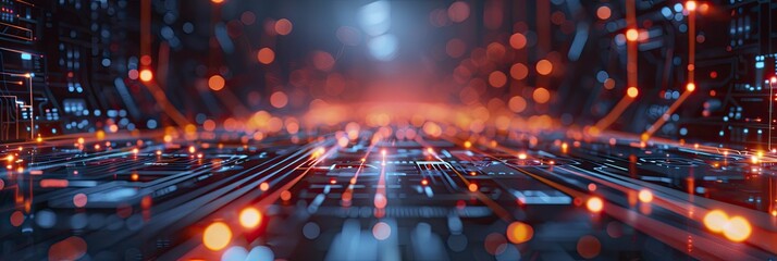 Obraz premium 3D render of a futuristic network hub with circuit connections and data flow, for tech infrastructure promotions