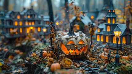 Spooky Halloween Village with glowing lanterns.