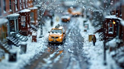 Evening city in the snow. Miniature city.