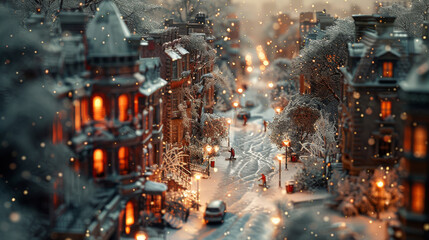 Evening Christmas town in the snow. Miniature city.