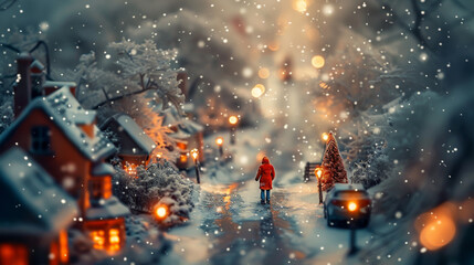 Evening city in the snow. A man walks along the road. Miniature city.