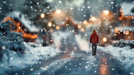 Evening city in the snow. A man walks along the road. Miniature.