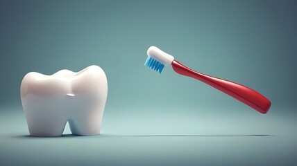 Dental and health care concept healthy white tooth and toothbrush isolated on blue background with copy space. Health care for children dental care, dentistry concept. Anti-caries protection concept