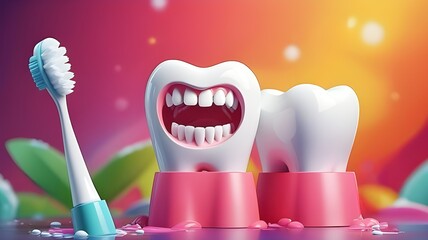 Dental and health care concept healthy white teeth and toothbrush isolated on vibrant background. Health care for children dental care, dentistry concept. Anti-caries protection concept. Banner design