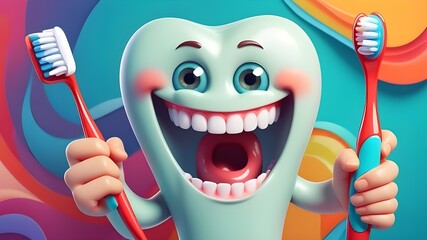 Happy white tooth smiling and cleaning with toothbrush. Cute clean tooth cartoon icon. Health care for children dental care and dentistry concept. Oral hygiene concept. Maintain a healthy mouth.