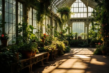 A Serene Midday in a Lush Greenhouse of a Botanical Garden Teeming with Rare Plant Species