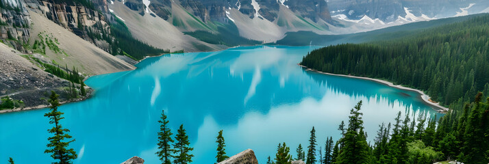 The vibrant turquoise waters of a glacial lake set against a backdrop of rugged cliffs and green...