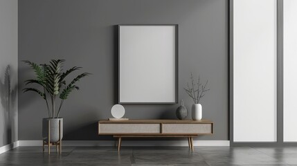 Grey gallery room interior with drawer and decoration, mockup frame realistic