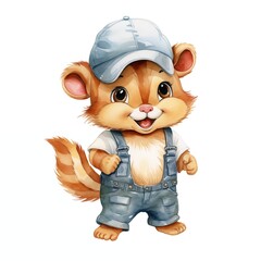 Fototapeta premium Baby chipmunk. Chipmunk in hat clipart. Watercolor illustration. Generative AI. Detailed illustration.