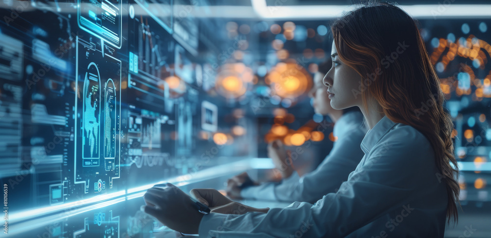 Aufkleber Include a diverse team of professionals working together in a high-tech, surrounded of a sleek and modern interface with holographic elements, showing graphs and analytics. Generative AI.