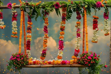 A beautifully adorned swing (jhula) with intricate floral decorations, symbolizing the auspiciousness of Teej