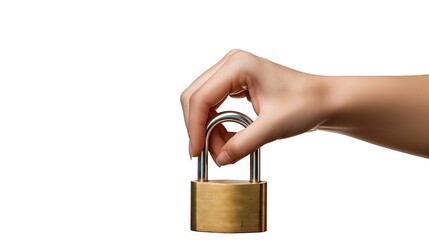 Fototapeta premium Hand holding a padlock on a white background