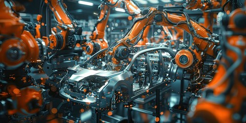 The process of producing high-tech automotive parts using a robot system.