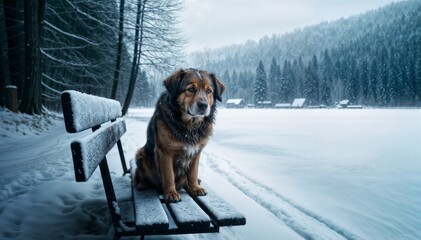 Dog Sitting on Bench in Snow