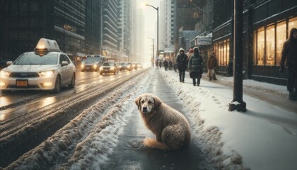 abandoned Dog Sitting in Snowy Street