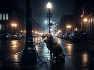 Dog Tied to Lamp Post on Rainy Night