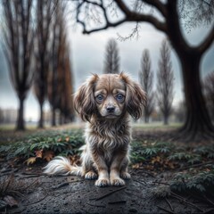 Lonely Spaniel Puppy Seated on a Wet Path in a Moody Park at Dusk
