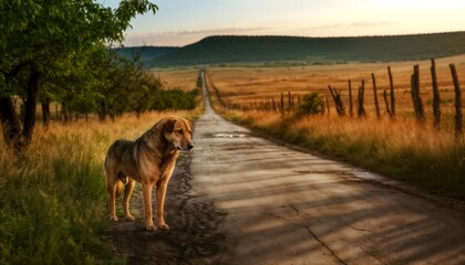 Lone Dog Standing on a Countryside Road at Sunset