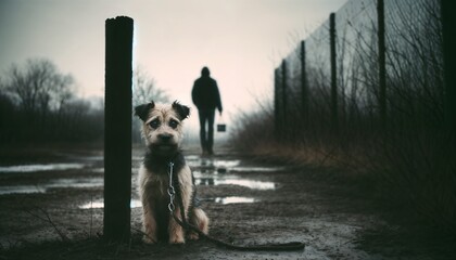 Lonely Dog Chained to a Post as a Figure Walks Away on a Gloomy Day
