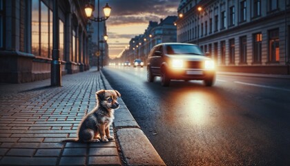 Lonely Abandoned Puppy Sitting By The Roadside At Dusk In The City