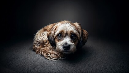 Heart-Touching Portrait of a Sad Brown Dog Lying Down Against a Dark Background