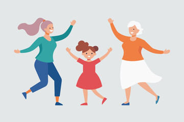 Three generations of women dancing together. Family holiday time. Happy free women. Grandmother, mother, daughter. Mother's Day vector flat illustration. For greeting card, invitation, banner