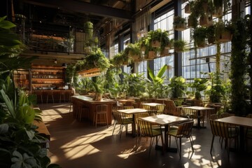 Obraz premium Urban Oasis: A Greenhouse Cafe Filled with Exotic Flora and Bathed in Natural Light