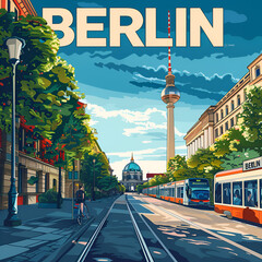 Berlin skyline retro vector travel poster