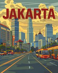 Jakarta skyline retro vector travel poster