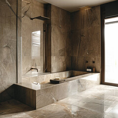 Bathroom with brown marble tiles on the walls and floor. There is a bathtub. Minimalist luxury Interior design