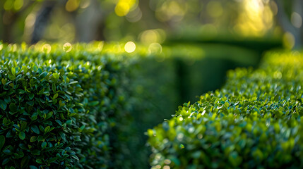 Ultra HD image of a hedge shaped into a series of geometric shapes, focusing on the precision of each angle and the depth of the green hues, captured in natural light