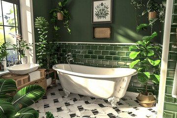Boho retro bathroom with green walls and white fixtures. There are plants all around the room. Interior design