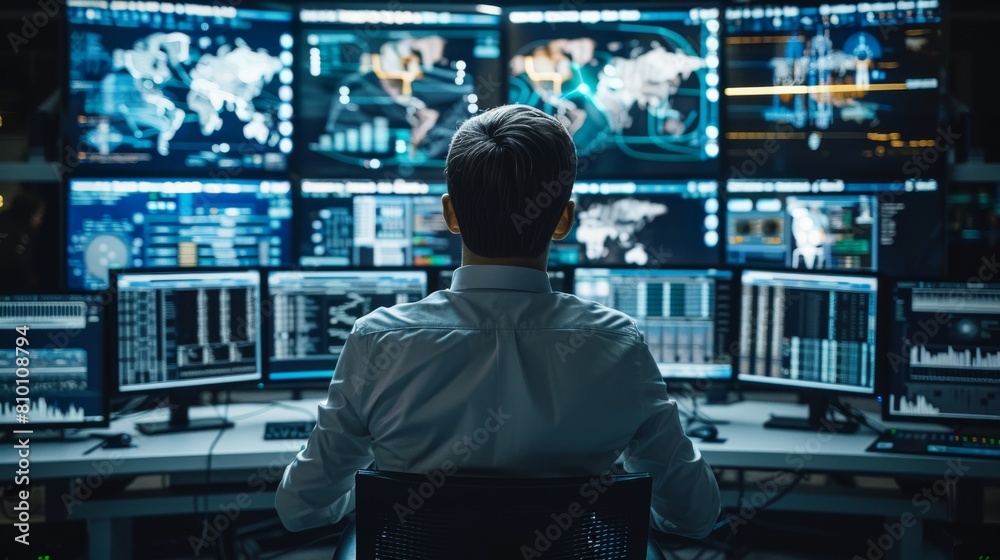 Poster Operator working in the System Control Center. Technical data is displayed on multiple screens. Generative AI.