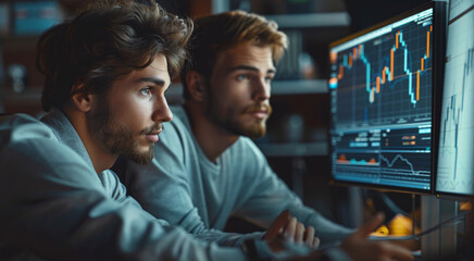 In the office, two businessmen are discussing trading charts growth. Generative AI.