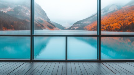  The scene outside consists of a lake and mountains