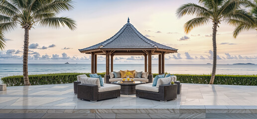 Elegant Beachfront Gazebo with Ocean View Dining - Tropical Paradise. Al Fresco Dining Concept	