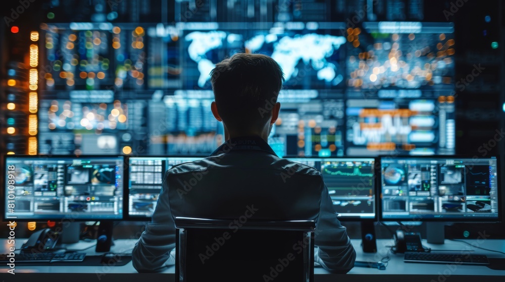 Poster Operator working in the System Control Center. Technical data is displayed on multiple screens. Generative AI.