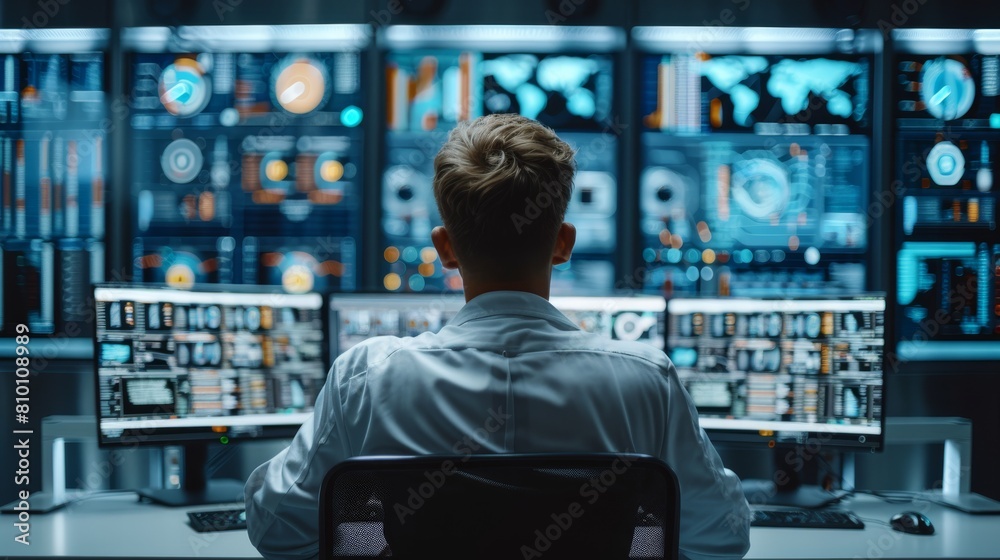 Poster Operator working in the System Control Center. Technical data is displayed on multiple screens. Generative AI.
