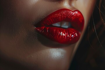 Closeup of sensuous woman biting red lips