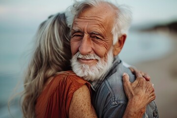 Closeup portrait of a happy senior man embracing