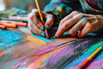 Fototapeta premium Artist drawing with soft pastels at table indoors
