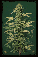 illustrated cannabis plant, weed plant illustration cannabis ganja vintage style, illustrated vintage style weed illustration