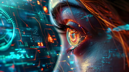 Fototapeta premium closeup of Futuristic Interface woman Eye, Digital Overlay Vision Technology Concept